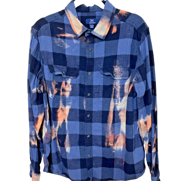 Men's Flannel Button Down Shirt Size Large Upcycled Bleached Chevrolet See Back - Picture 2 of 8